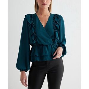Express Faux Wrap Flutter Ruffle Peplum Blouse in Teal